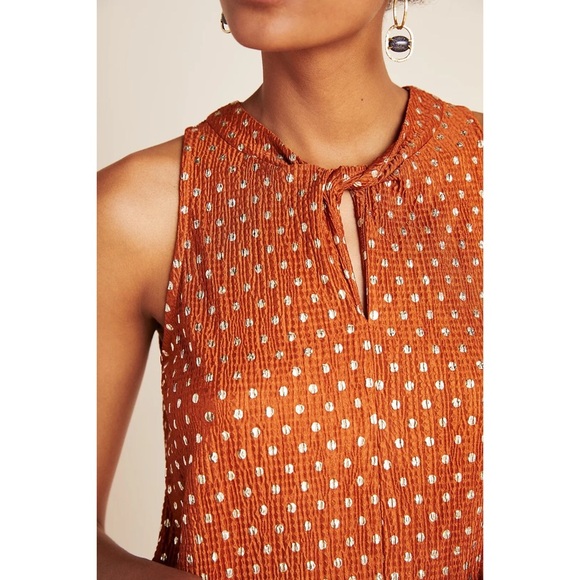 Sz S Anthropologie Orange & Gold Polka Dot Lennox Knot Halter Tank Top GUC - Picture 6 of 7
